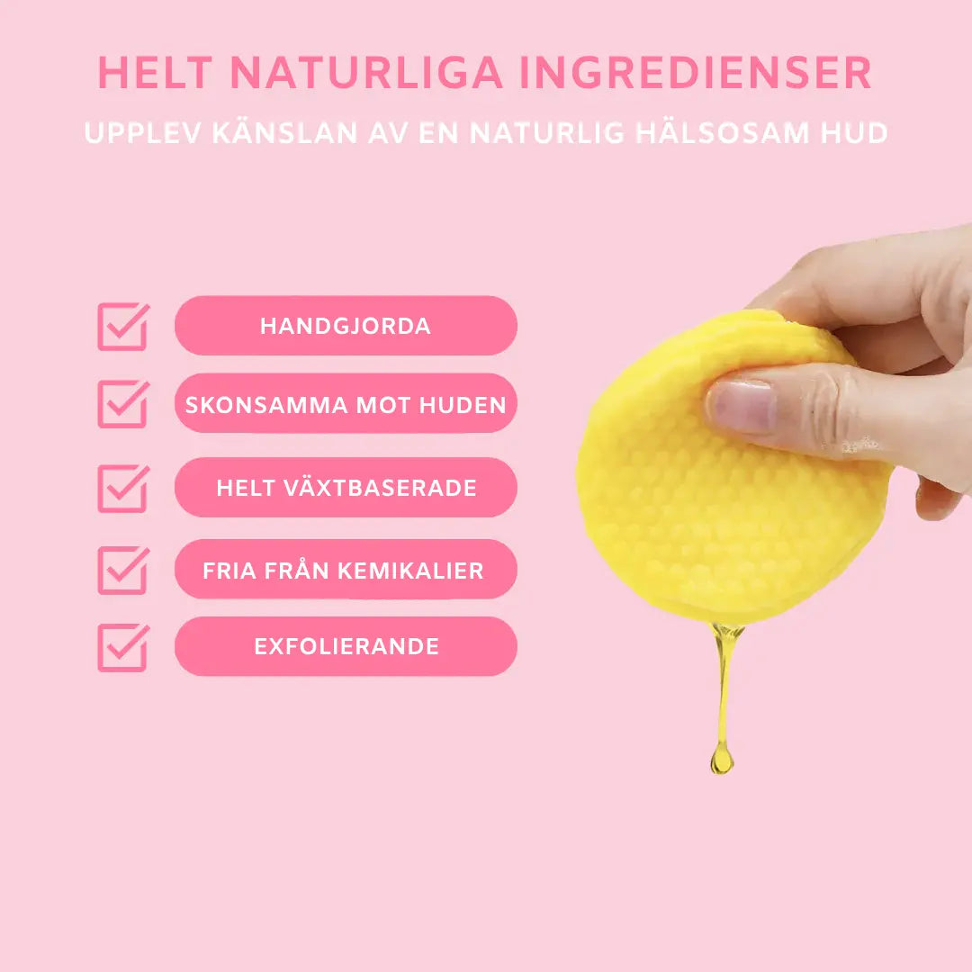 Reklam för hudvårdsprodukter med naturliga ingredienser, visar en hand som kramar en gul svamp med vätska droppande och texten "HELT NATURLIGA INGREDIENSER". Listan innehåller punkter som handgjorda, skonsamma mot huden, helt växtbaserade, fria från kemikalier och exfolierande.